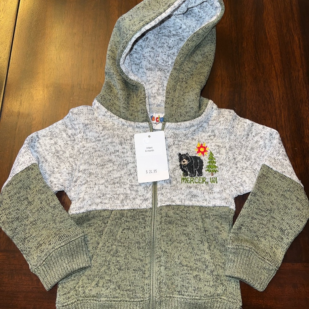 Kids Gray and Green Bear Full Zip Hoodie
